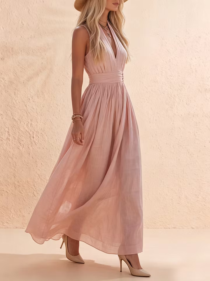 Pink Halter V Neck Belted Maxi Dress