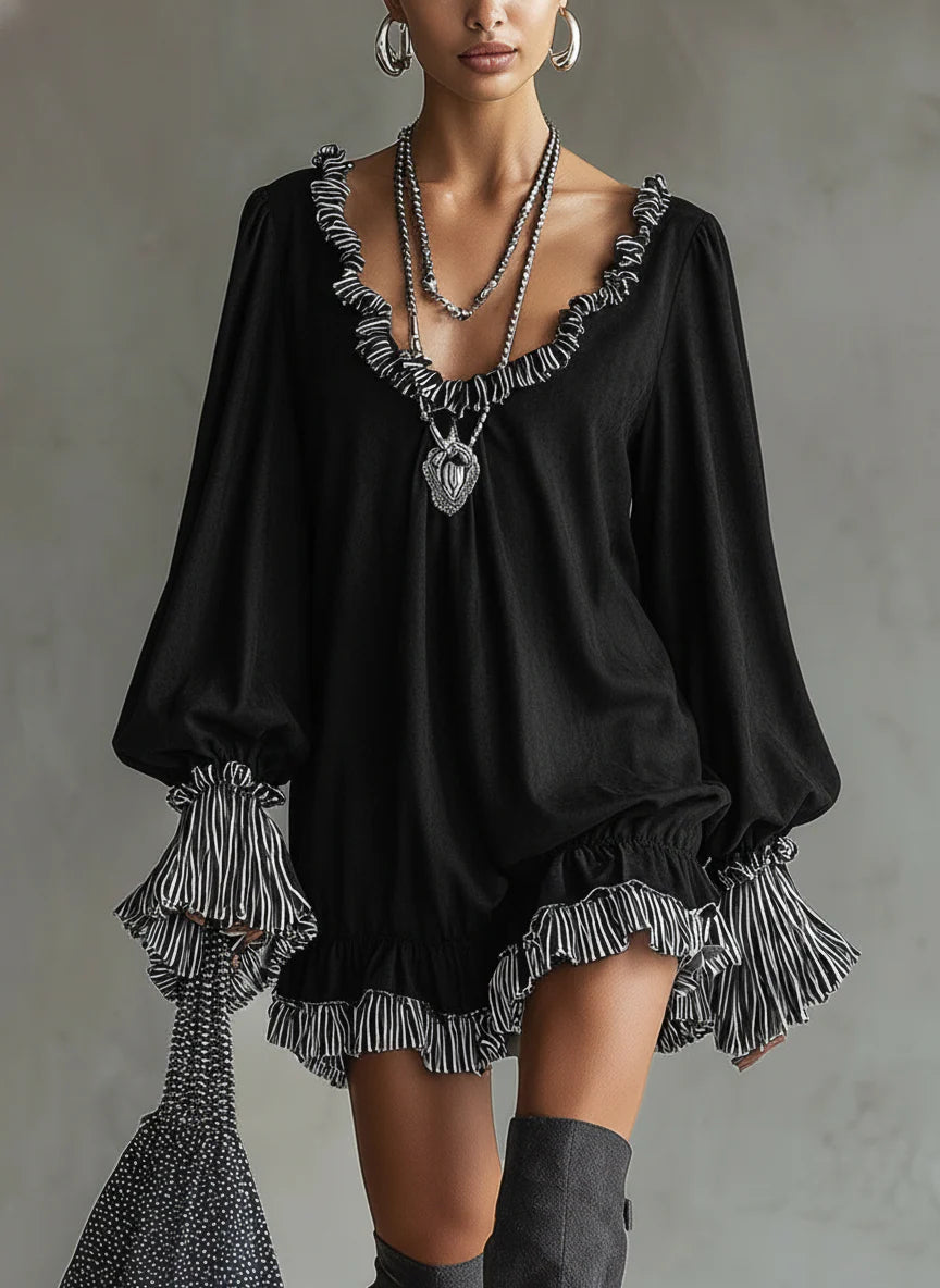 Black Faux Suede Striped Ruffled Loose Mini Dress