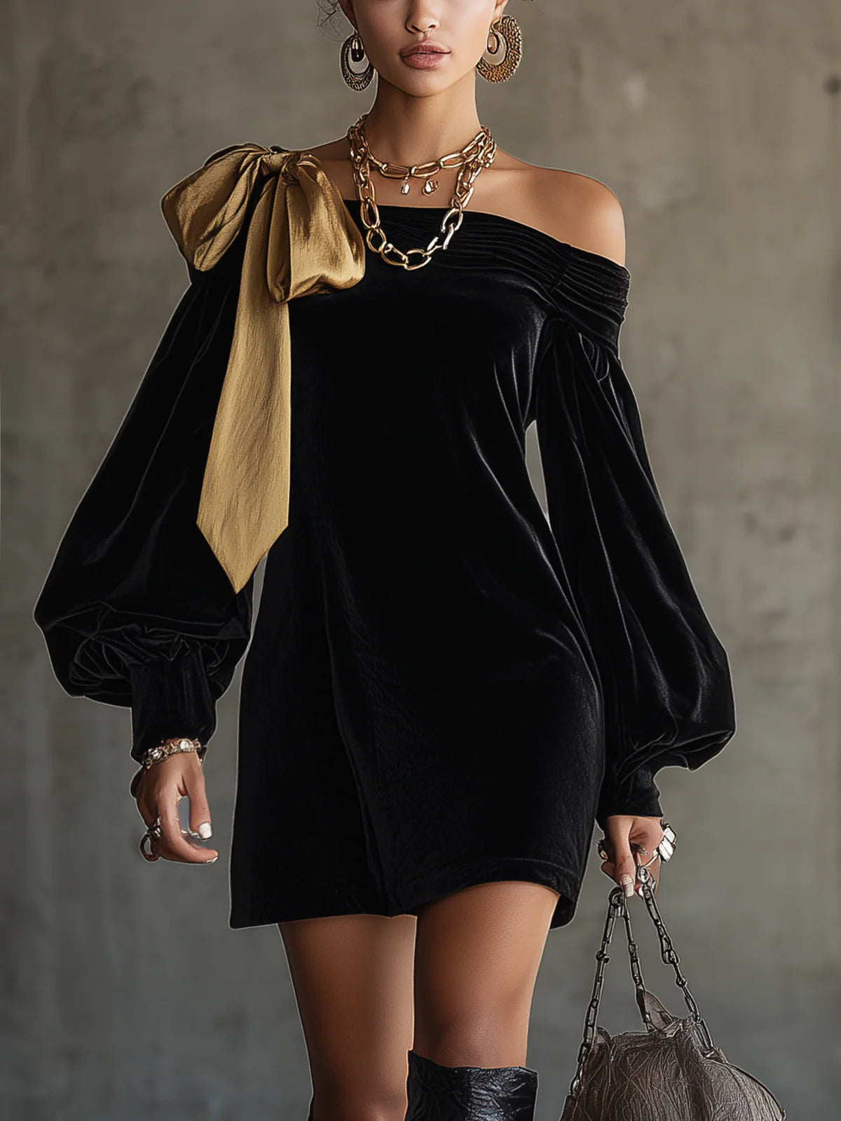 Black Velvet And Gold Satin Patchwork Off The Shoulder Mini Dress