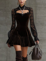 Velvet-trimmed lace-sleeved cutout fitted mini dress