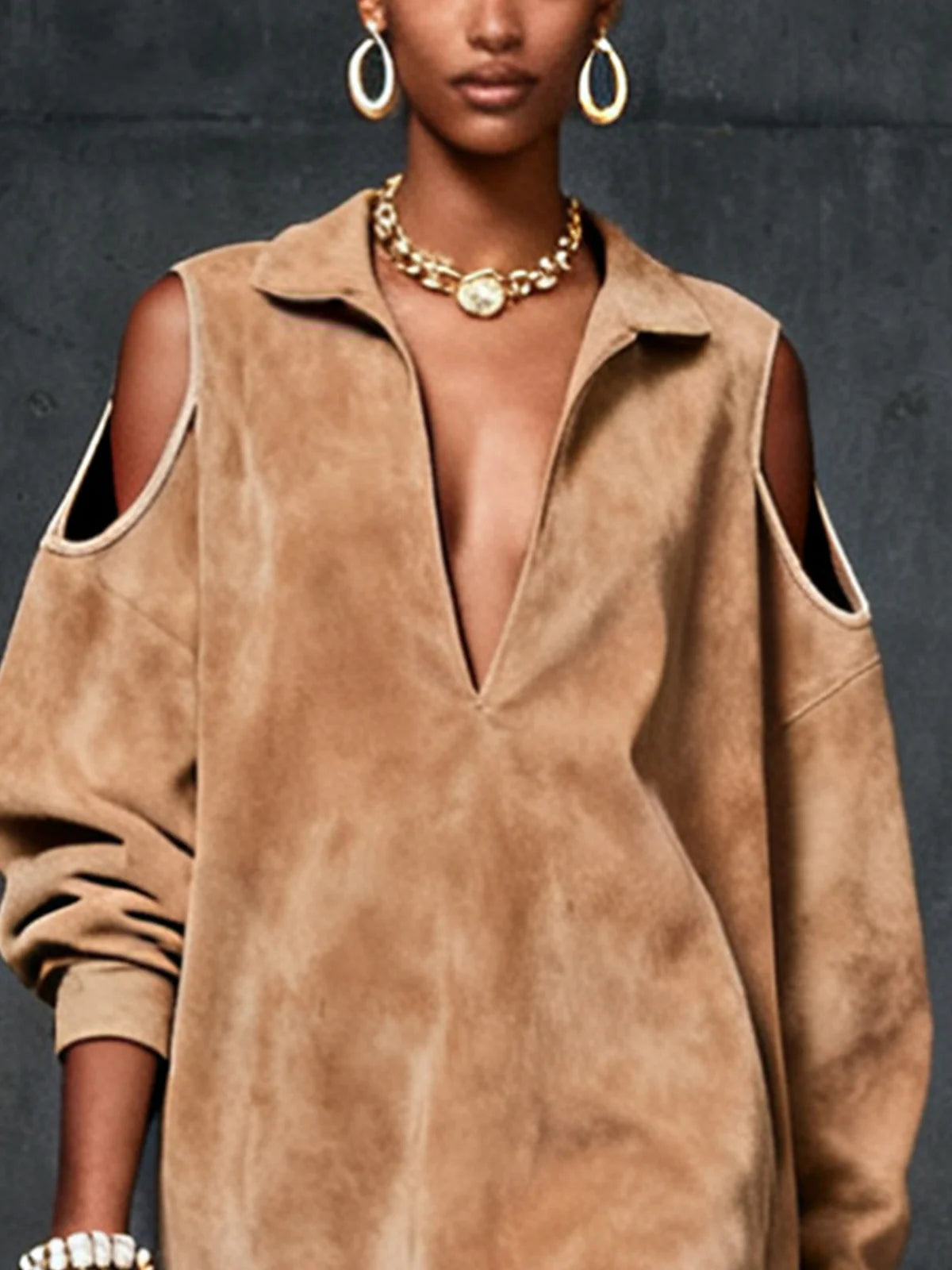 Camel Faux Suede Cold-Shoulder Dress