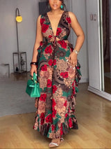 Deep V Neck Sleeveless Floral Print Ruffle Party Maxi Dresses