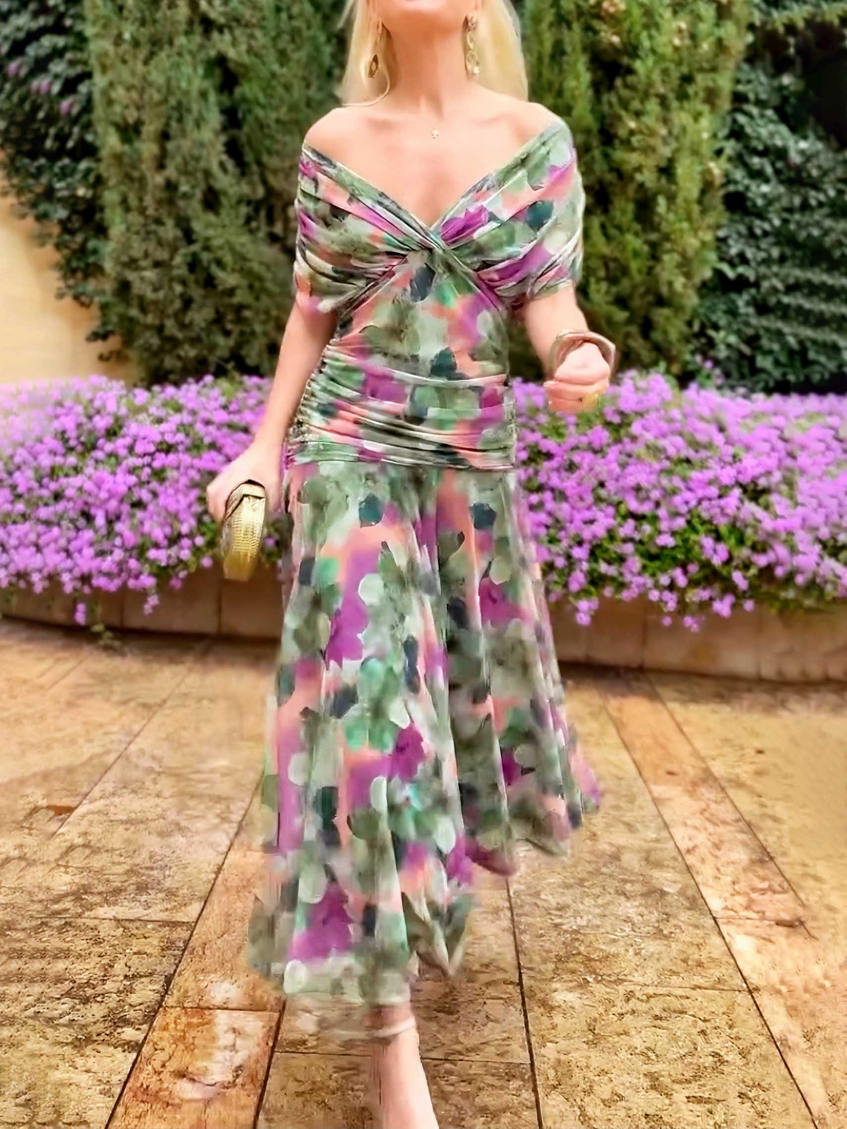 Elegant V-neck Fantasy Painted Floral Print Party Maxi Dress