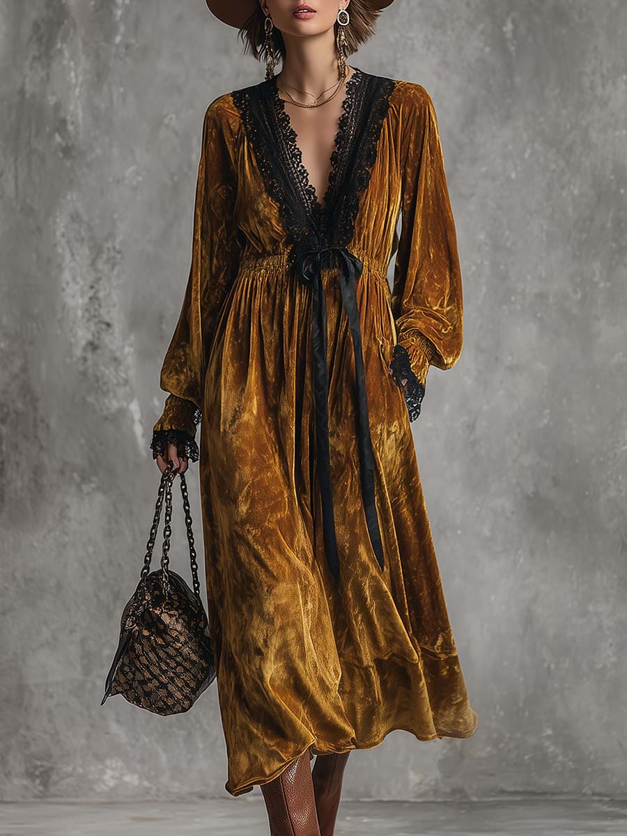 Vintage Lace V-neck Waist Tie Gold Velvet Midi Dress