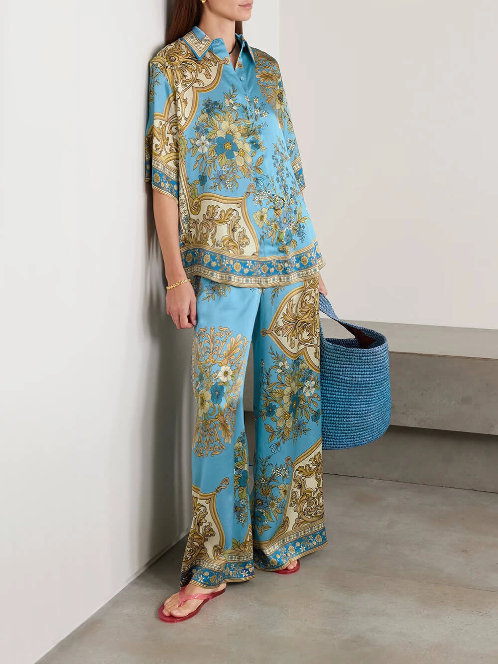 Baroque Floral Print Satin Two-Piece Resort Set