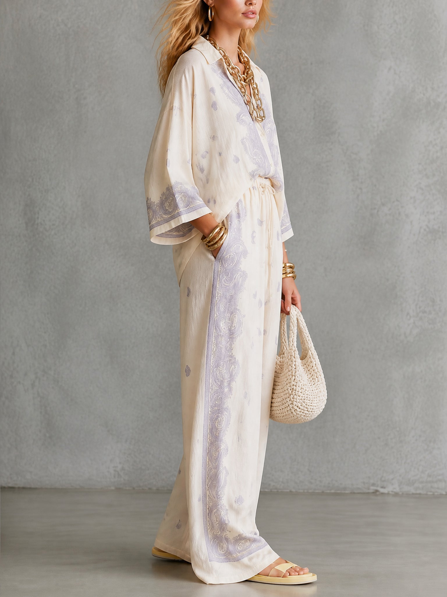 Beige Paired With Purple Paisley Print Shirt And Belted Wide-leg Trousers Set