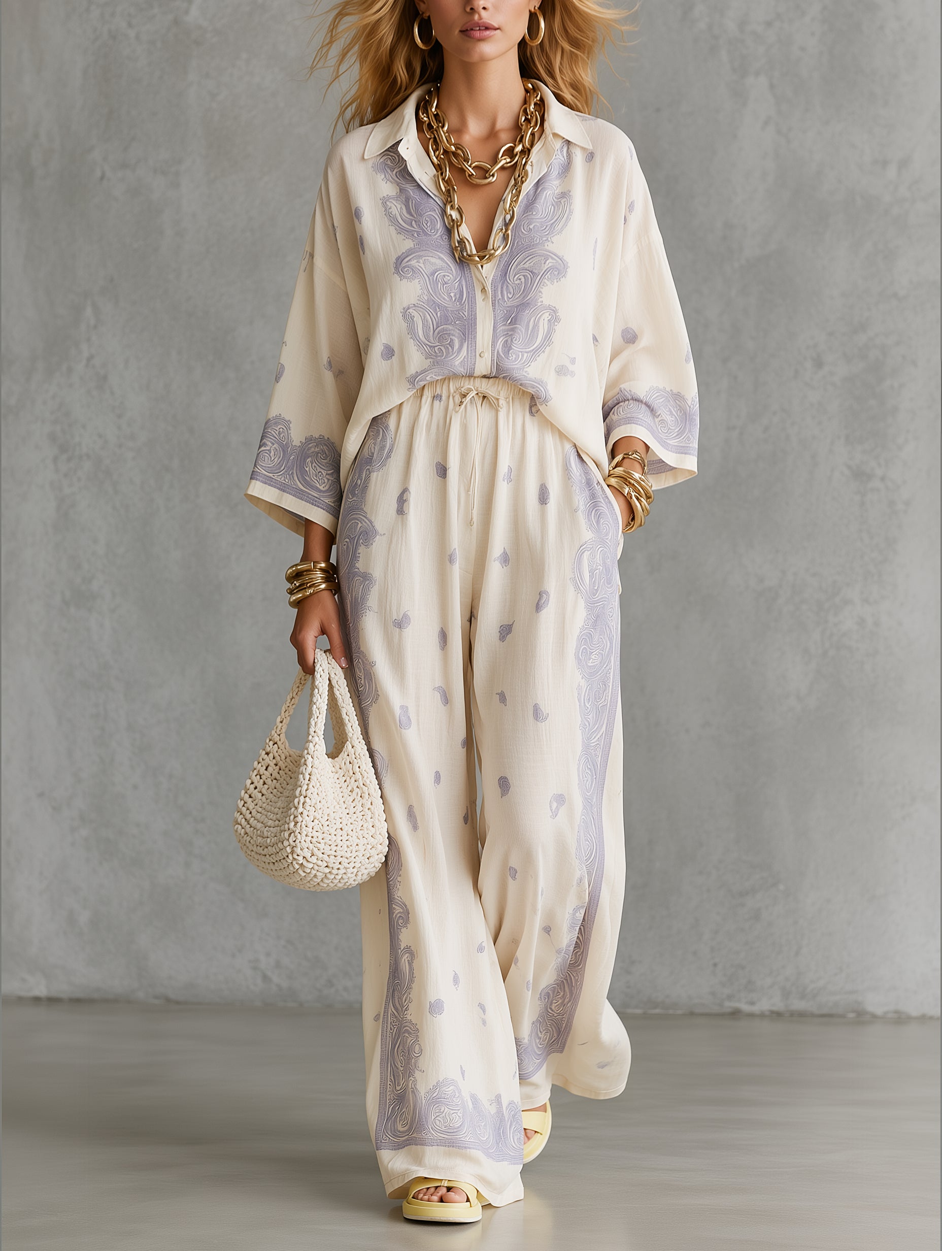 Beige Paired With Purple Paisley Print Shirt And Belted Wide-leg Trousers Set
