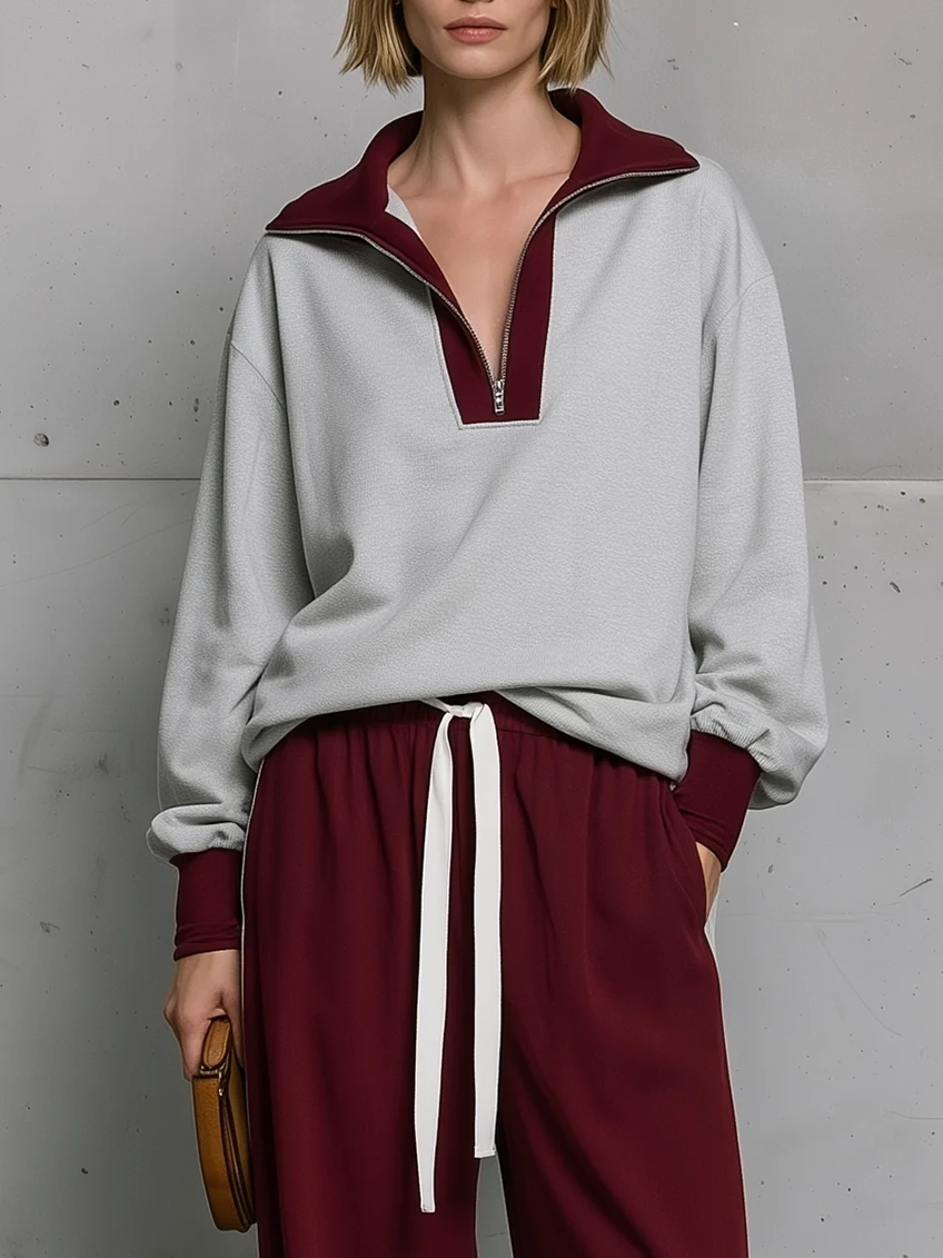 Burgundy Grey Color-block Half-zip Sweatshirt And Drawstring Wide-leg Trousers Set