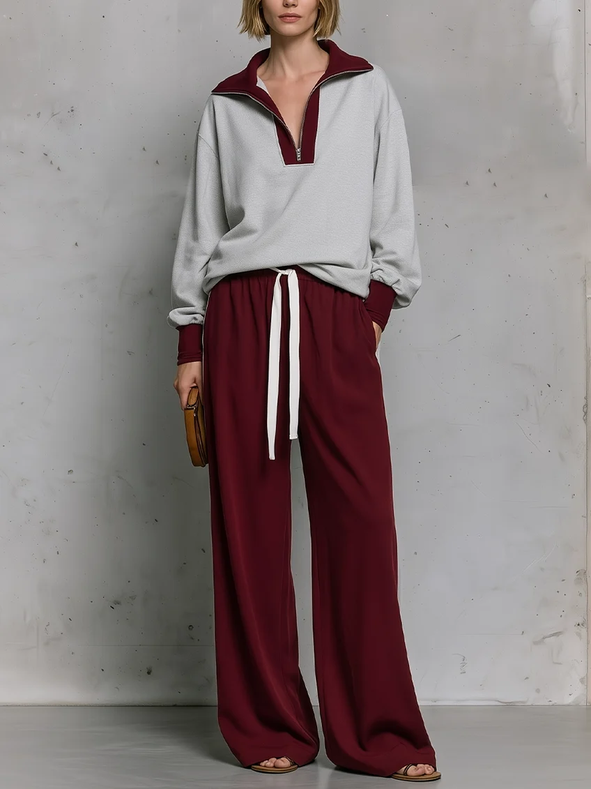 Burgundy Grey Color-block Half-zip Sweatshirt And Drawstring Wide-leg Trousers Set