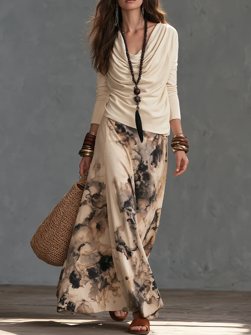 Beige Draped Neckline Top And Abstract Ink-wash Print Two-piece Set