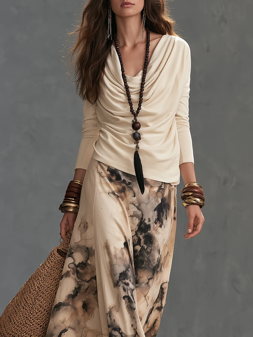 Beige Draped Neckline Top And Abstract Ink-wash Print Two-piece Set