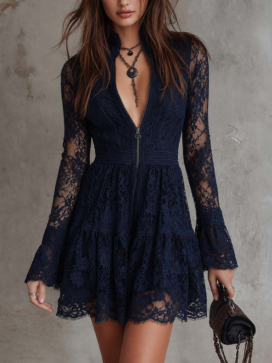 Navy Vintage Zip-Neck Lace Flare Mini Dress