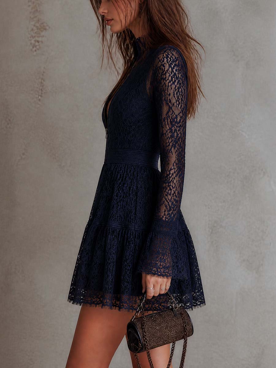 Navy Vintage Zip-Neck Lace Flare Mini Dress