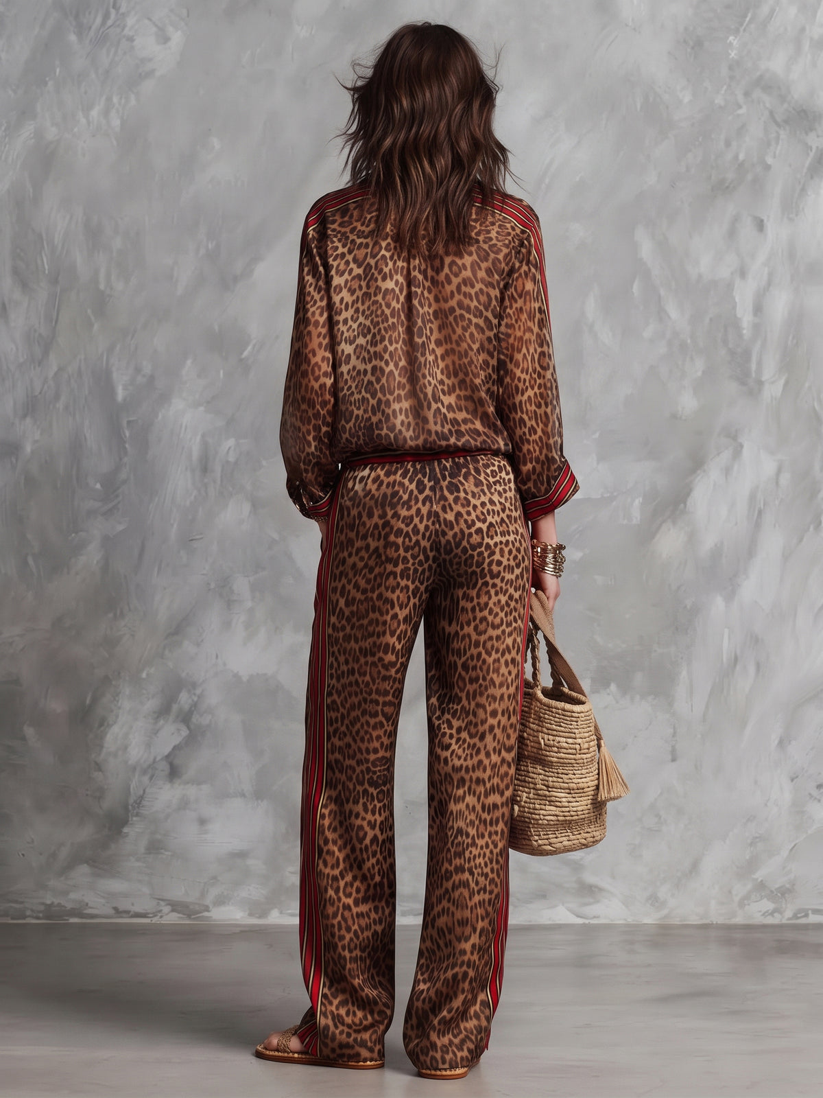 Brown Leopard-print And Striped Trim Shirt And Wide-leg Trousers Set