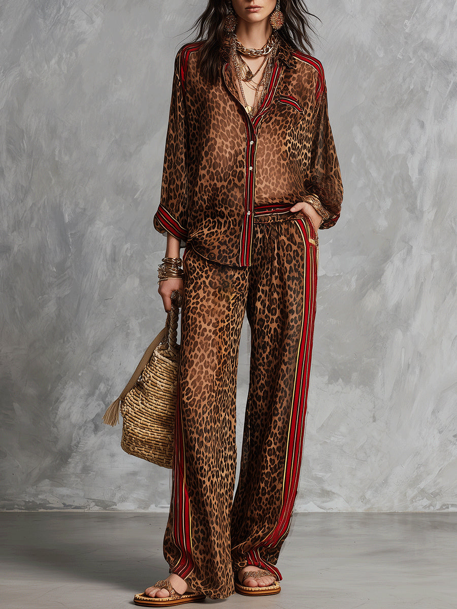 Brown Leopard-print And Striped Trim Shirt And Wide-leg Trousers Set