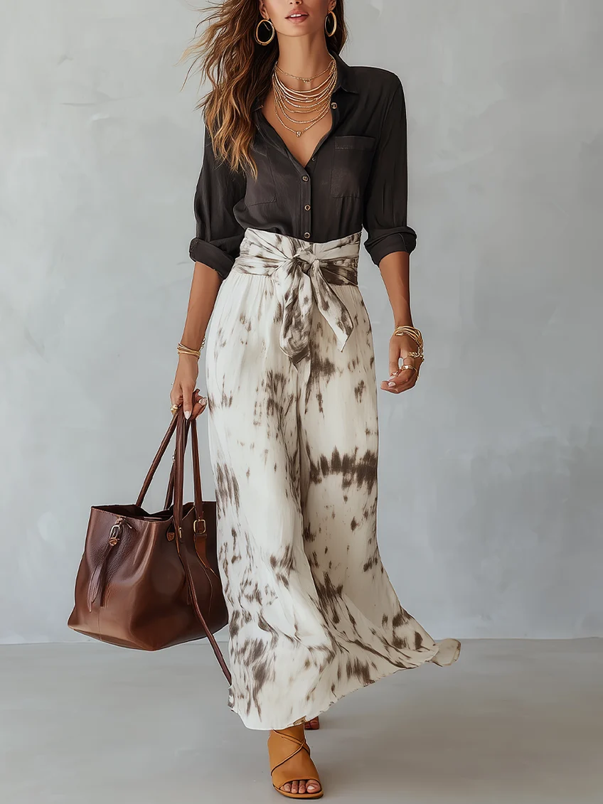 Black Button Down Shirt & Tie-Dye Wide-Leg Skirt Two-Piece Set