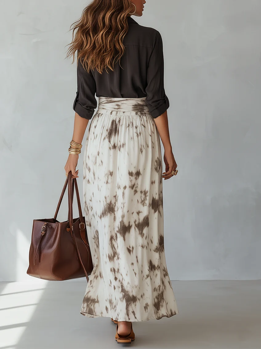 Black Button Down Shirt & Tie-Dye Wide-Leg Skirt Two-Piece Set
