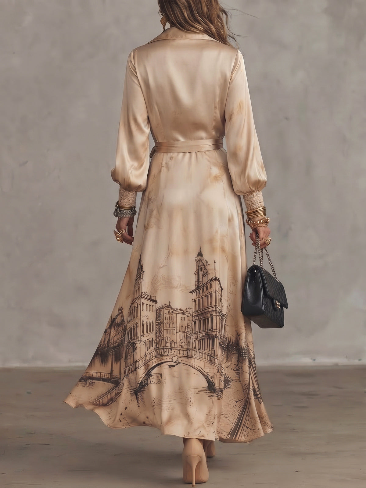 Champagne Vintage Sketch Building Print Satin Wrap Maxi Dress