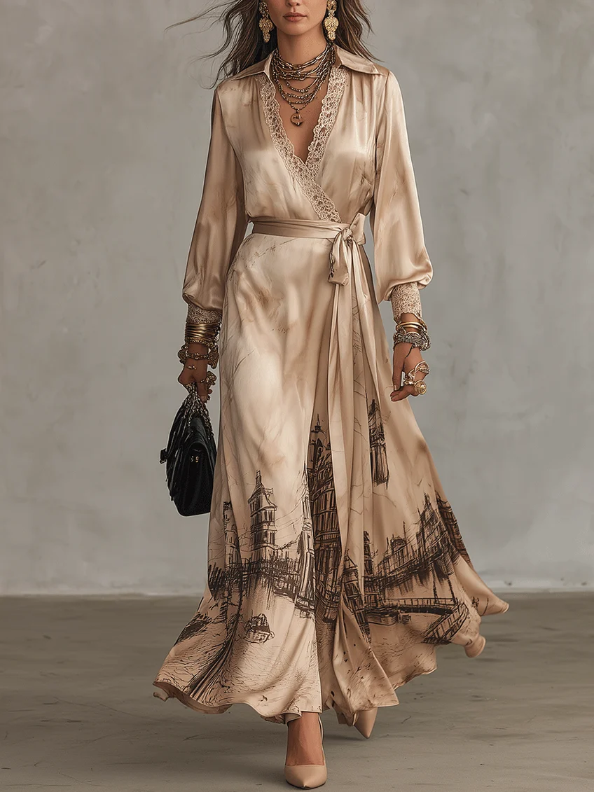 Champagne Vintage Sketch Building Print Satin Wrap Maxi Dress