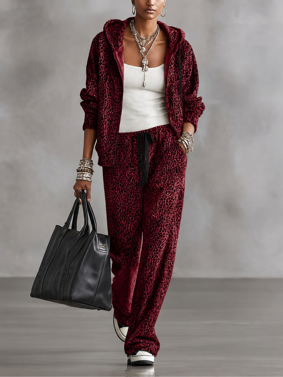Burgundy Leopard Zip Up Hooded Jacket & High Waist Drawstring Wide-leg Pants Set