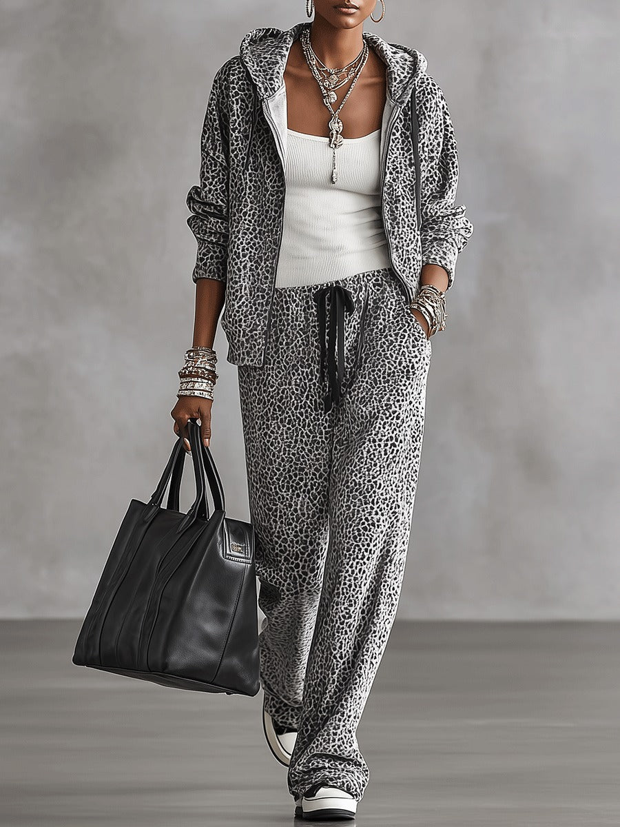 Grey Leopard Zip Up Hooded Jacket & High Waist Drawstring Wide-leg Pants Set