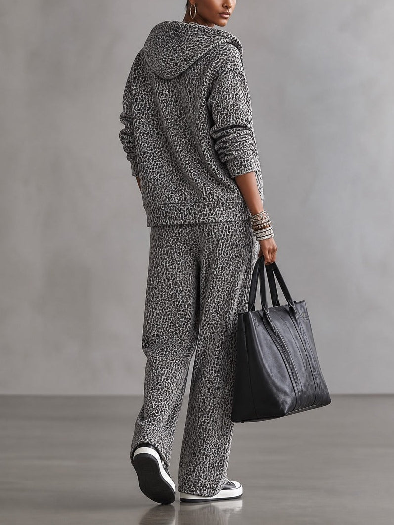 Grey Leopard Zip Up Hooded Jacket & High Waist Drawstring Wide-leg Pants Set