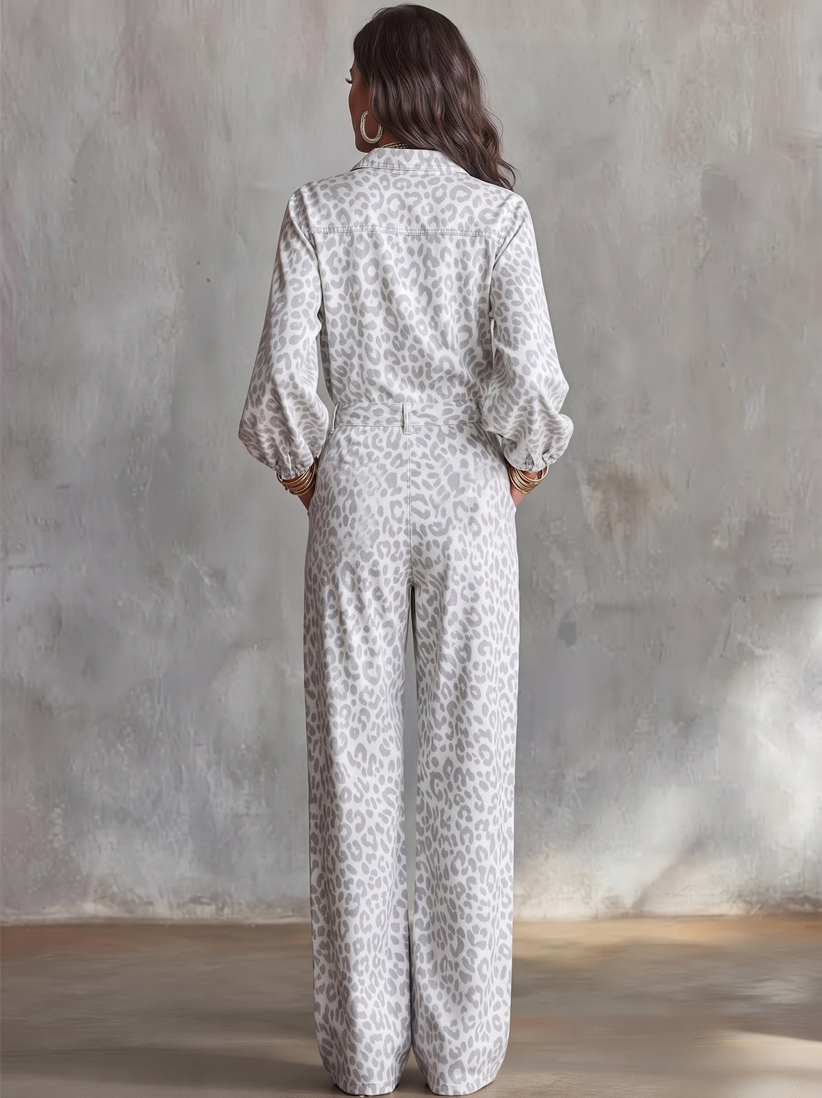 Grey Leopard Print Collared Long-sleeved Wide-leg Jumpsuit