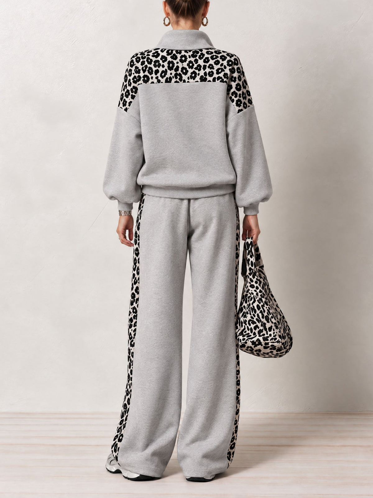 Grey Leopard-print Color-block Half-zip Sweatshirt And Wide-leg Pants Set