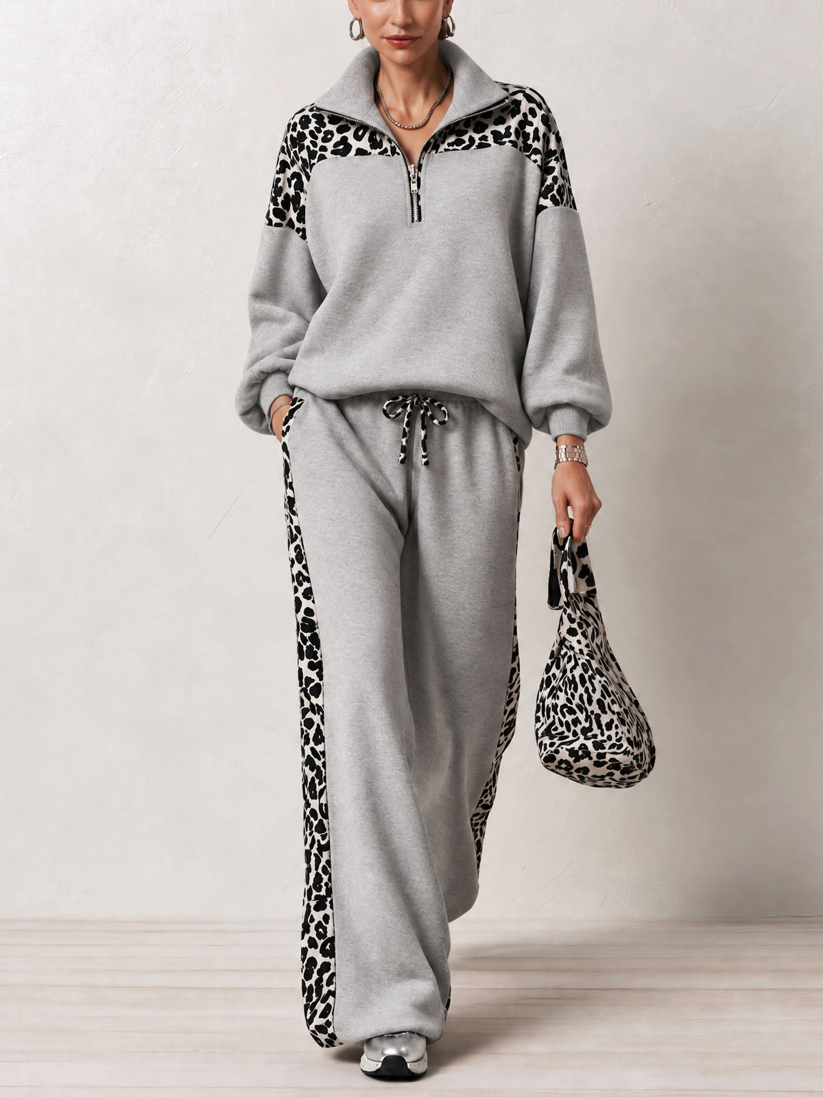 Grey Leopard-print Color-block Half-zip Sweatshirt And Wide-leg Pants Set