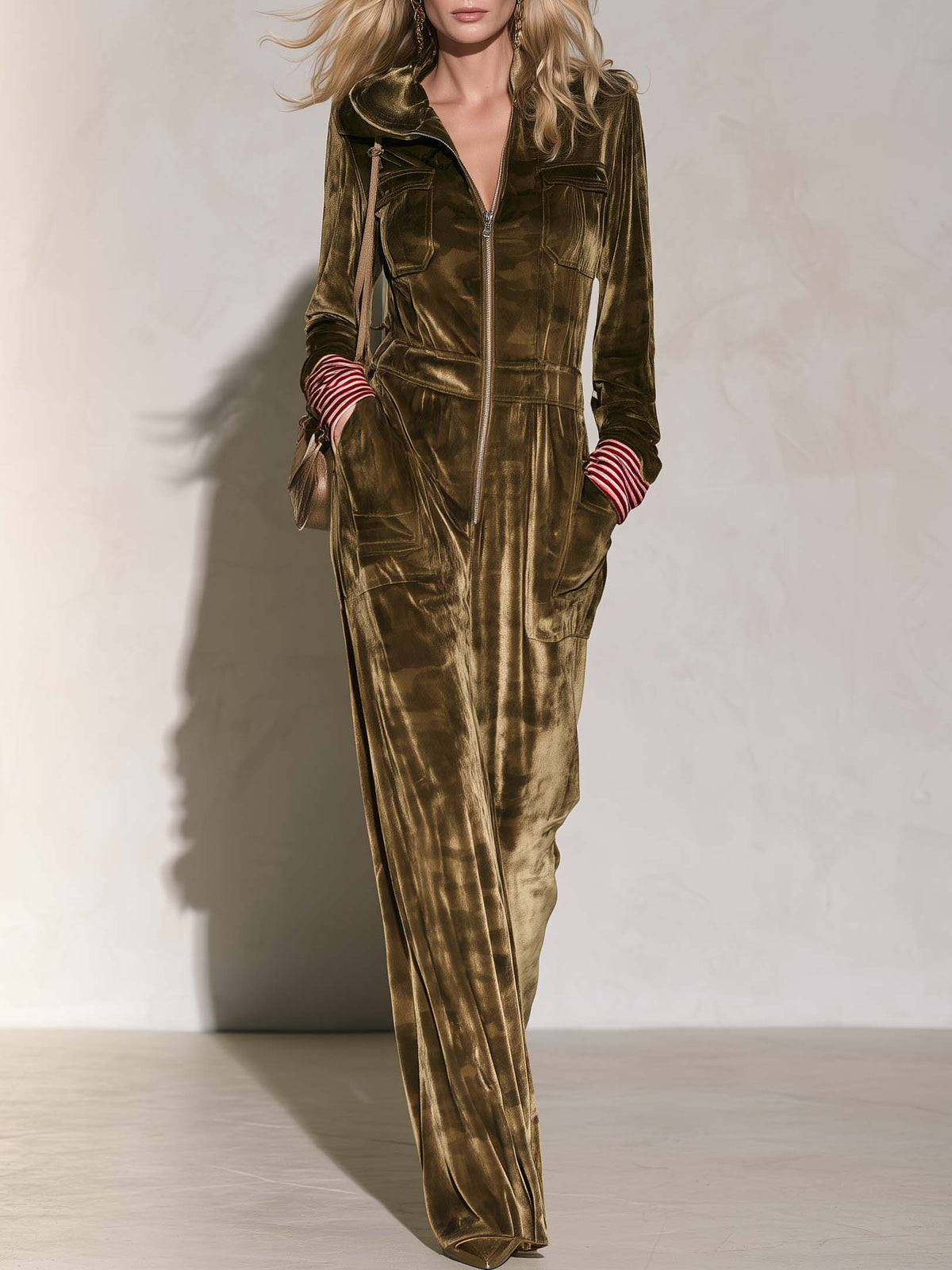 Olive Green Velvet Hooded Jumpsuit