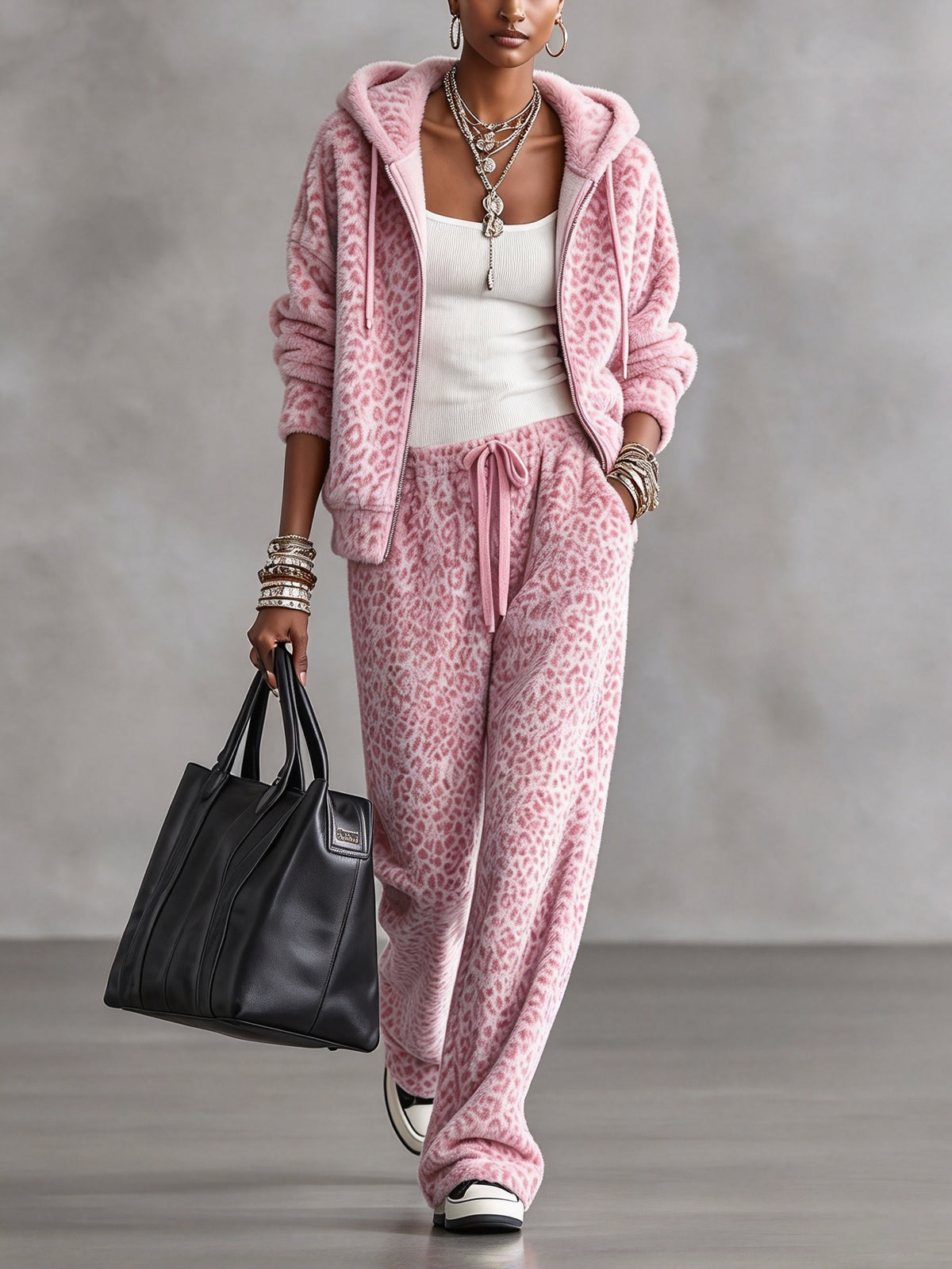 Pink Leopard Print Fuzzy Zip Up Hoodie & Drawstring Wide Leg Pants Two Piece Set