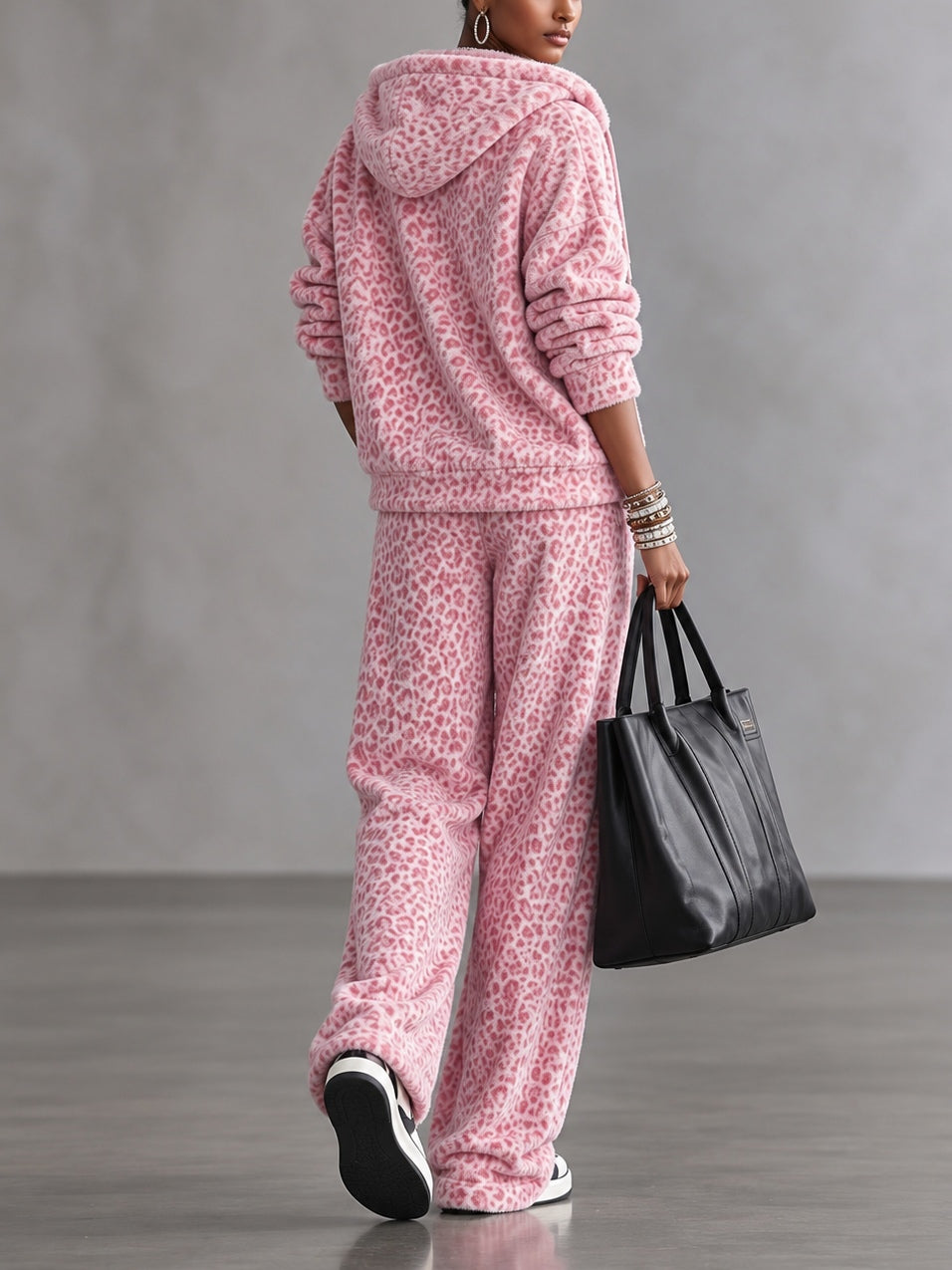 Pink Leopard Print Fuzzy Zip Up Hoodie & Drawstring Wide Leg Pants Two Piece Set