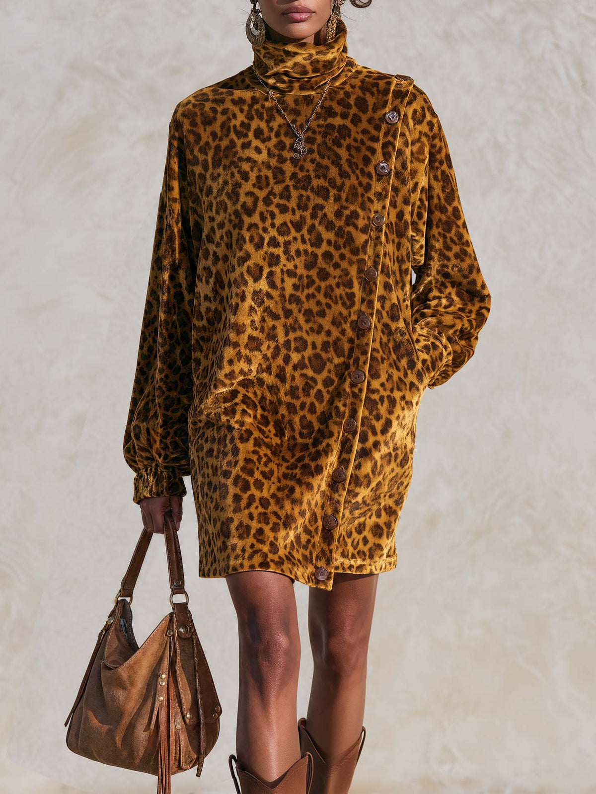 Golden-brown Leopard-print Velvet High-neck Mini Dress