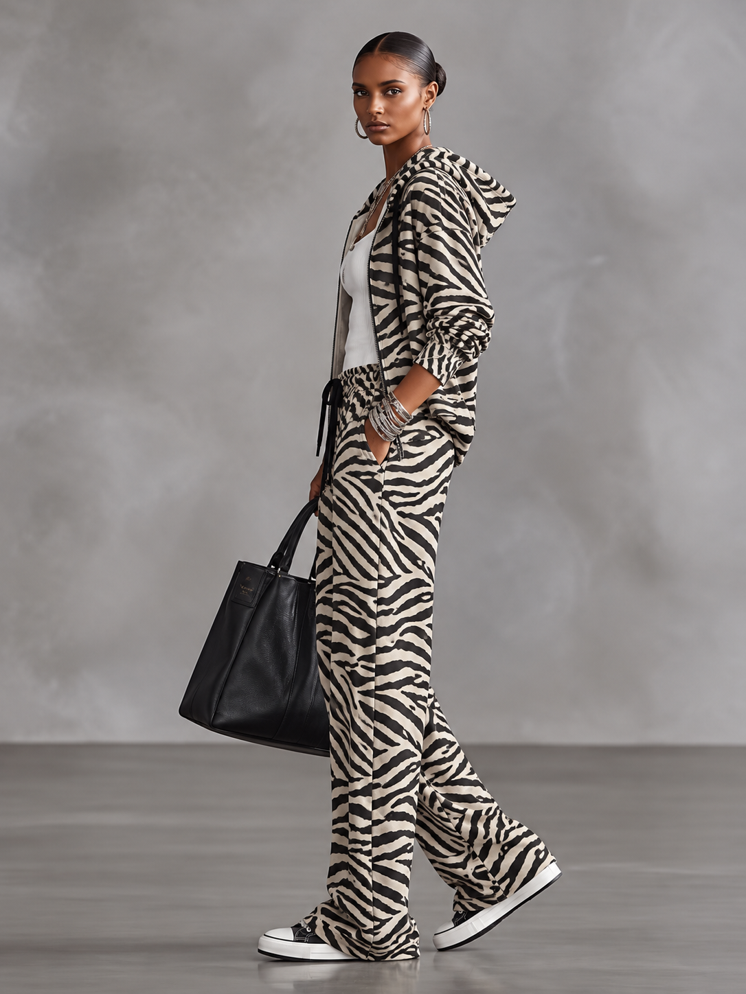 Cream Black Zebra Zip Up Hooded Jacket & High Waist Drawstring Wide-leg Pants Set