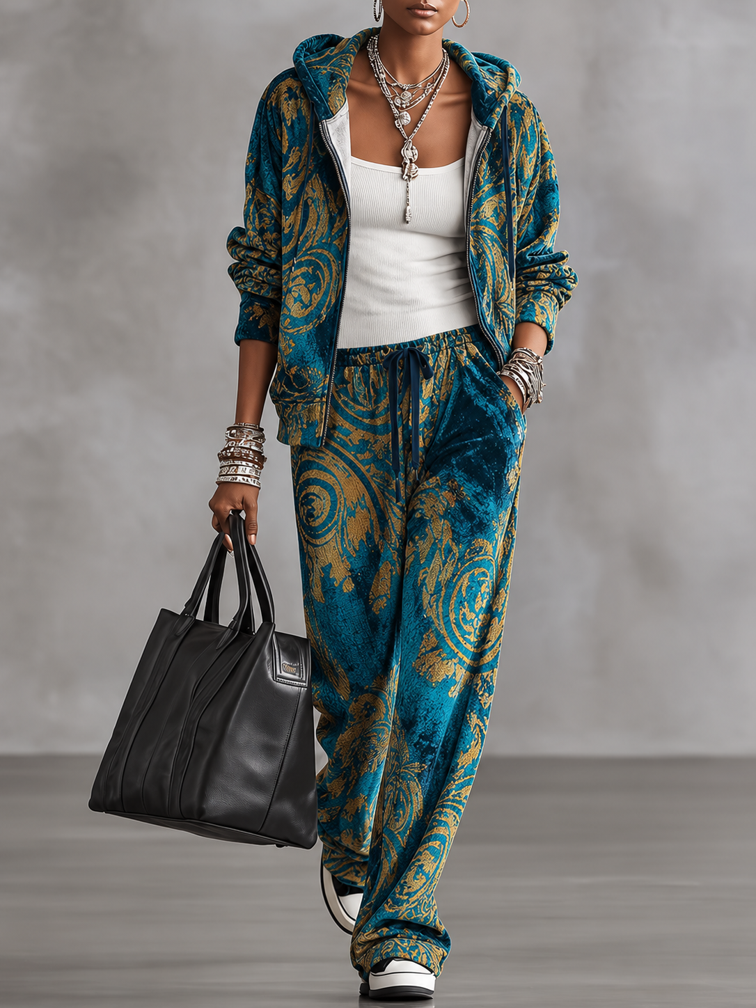 Blue Gold Baroque Zip Up Hooded Jacket & High Waist Drawstring Wide-leg Pants Set