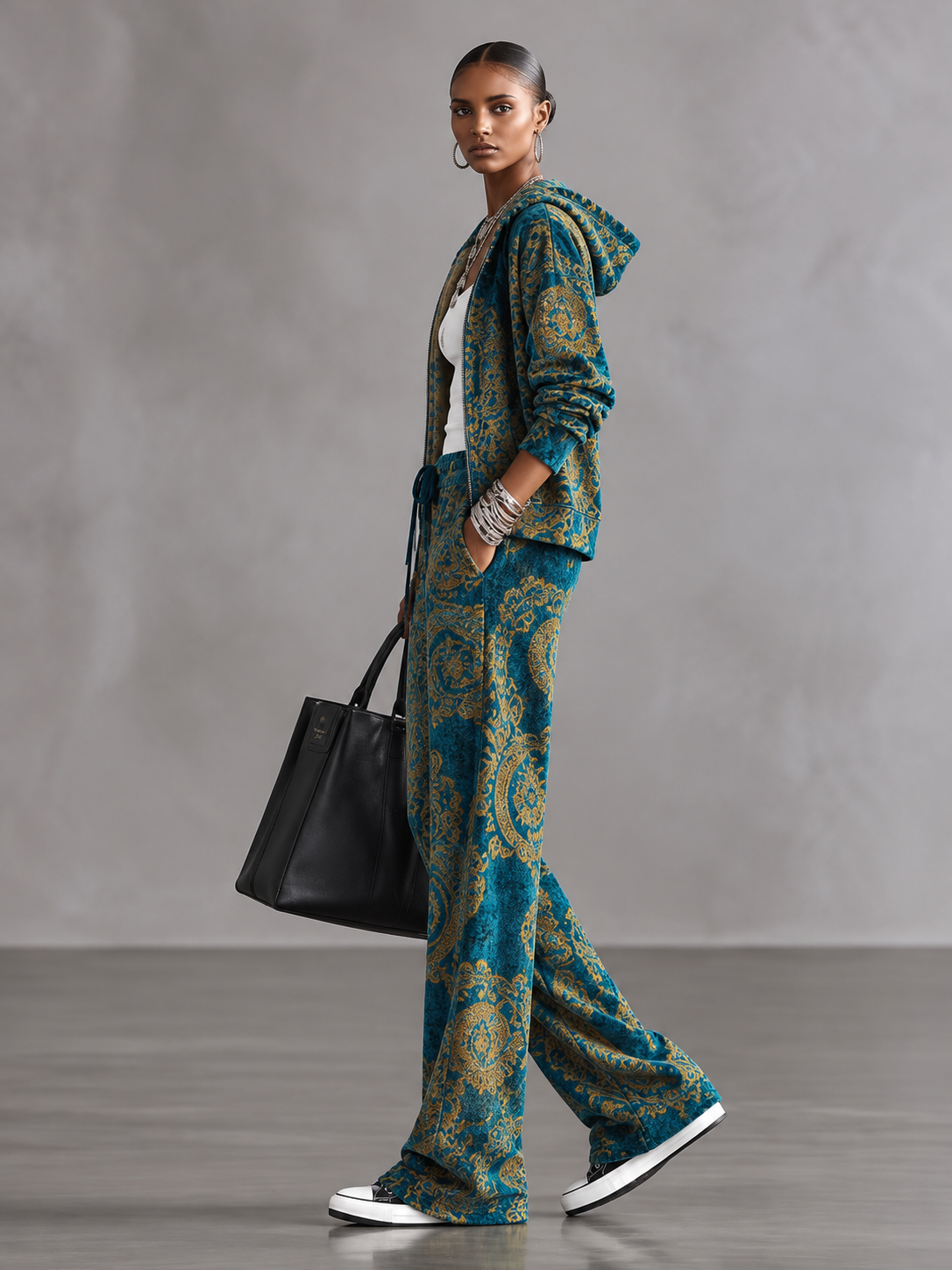 Blue Gold Baroque Zip Up Hooded Jacket & High Waist Drawstring Wide-leg Pants Set