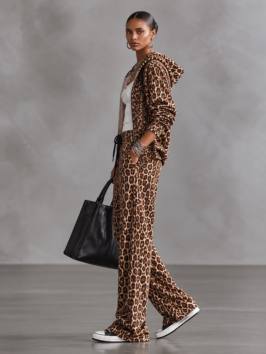 Brown Leopard Print Zip Up Hooded Jacket & High Waist Drawstring Wide-leg Pants Set