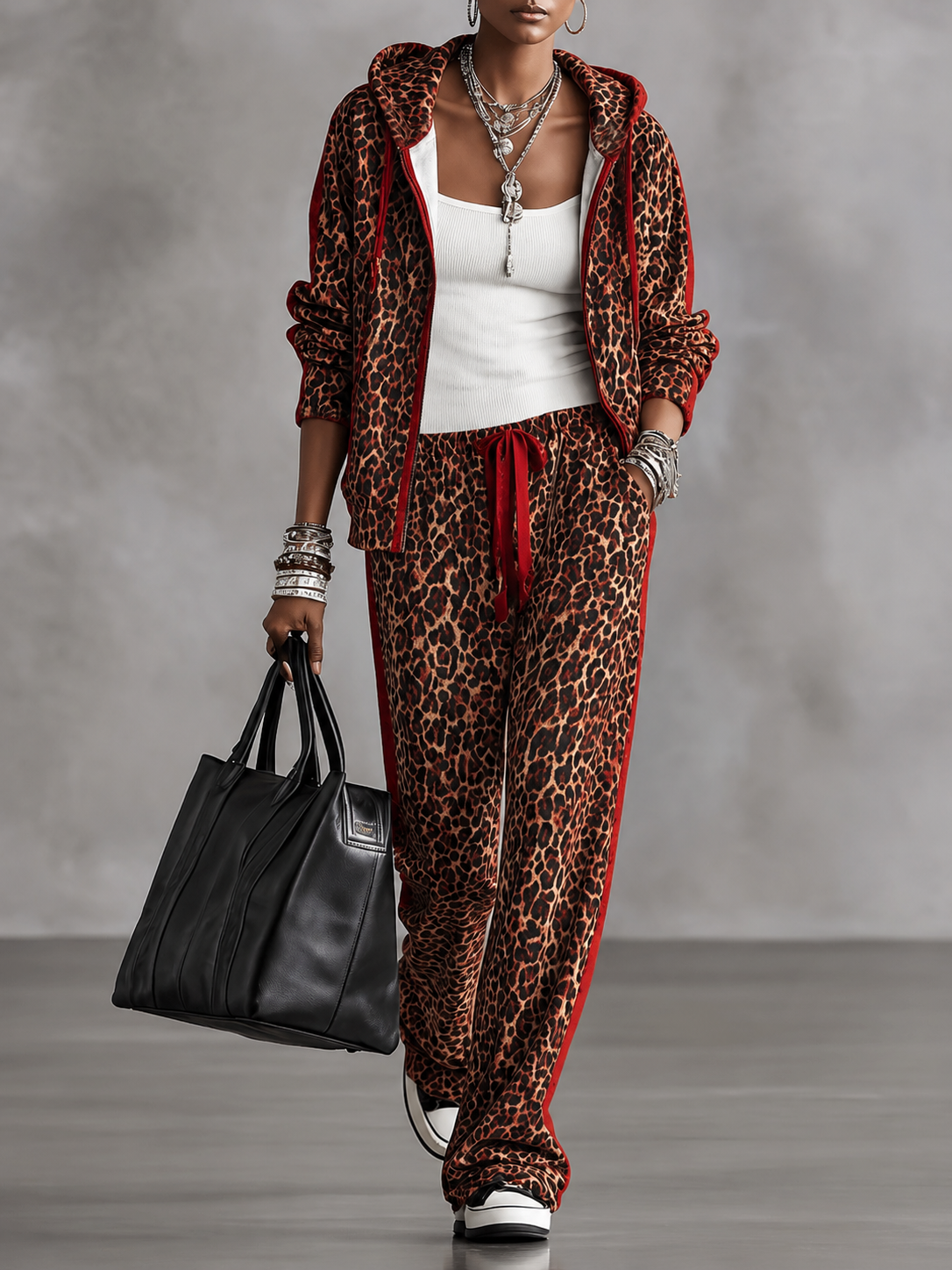 BrownLeopard Print Red Trim Zip Up Hooded Jacket & High Waist Drawstring Wide-leg Pants Set