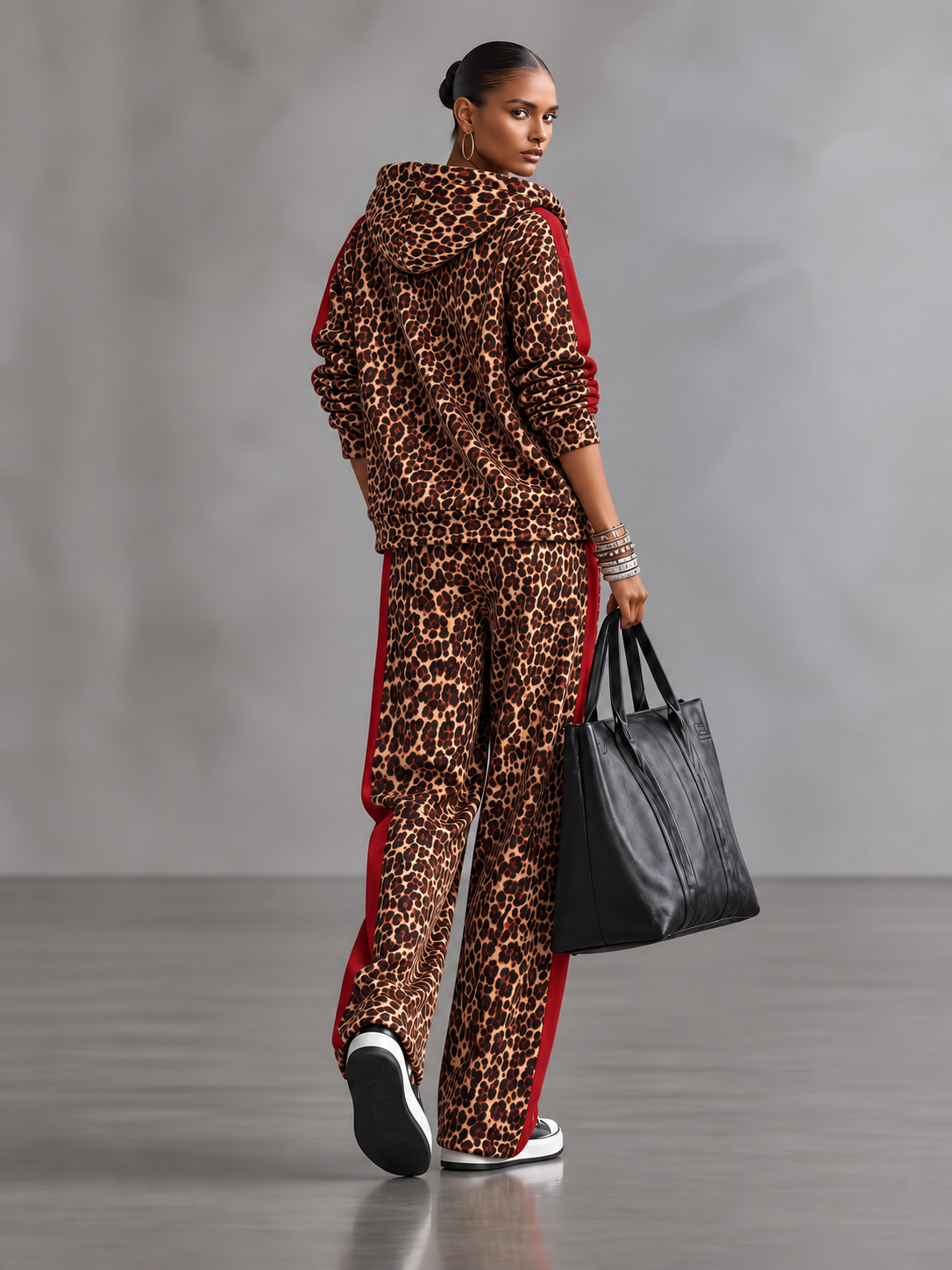 BrownLeopard Print Red Trim Zip Up Hooded Jacket & High Waist Drawstring Wide-leg Pants Set