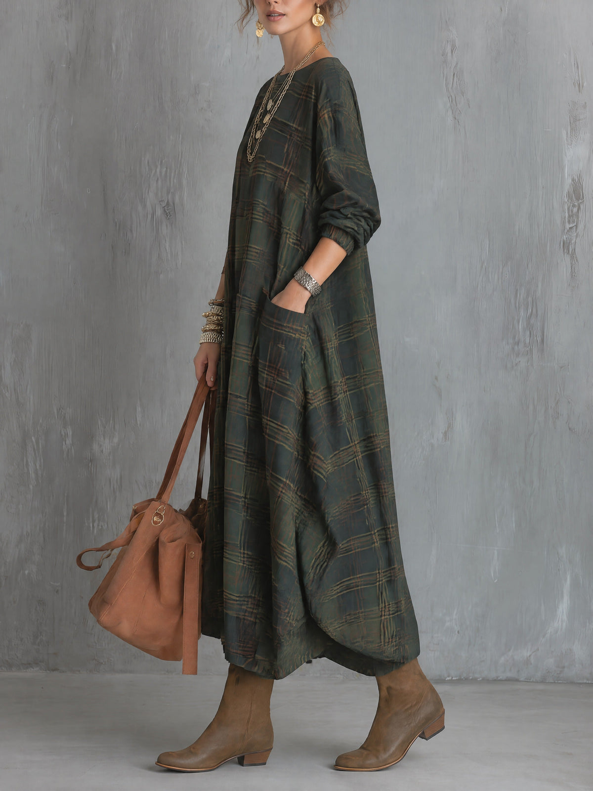 Green Plaid Loose Maxi Dress with Pockets