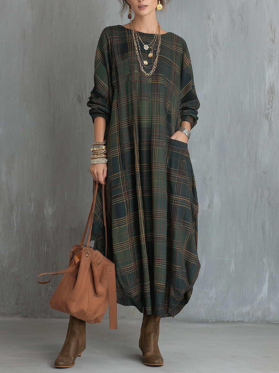 Green Plaid Loose Maxi Dress with Pockets