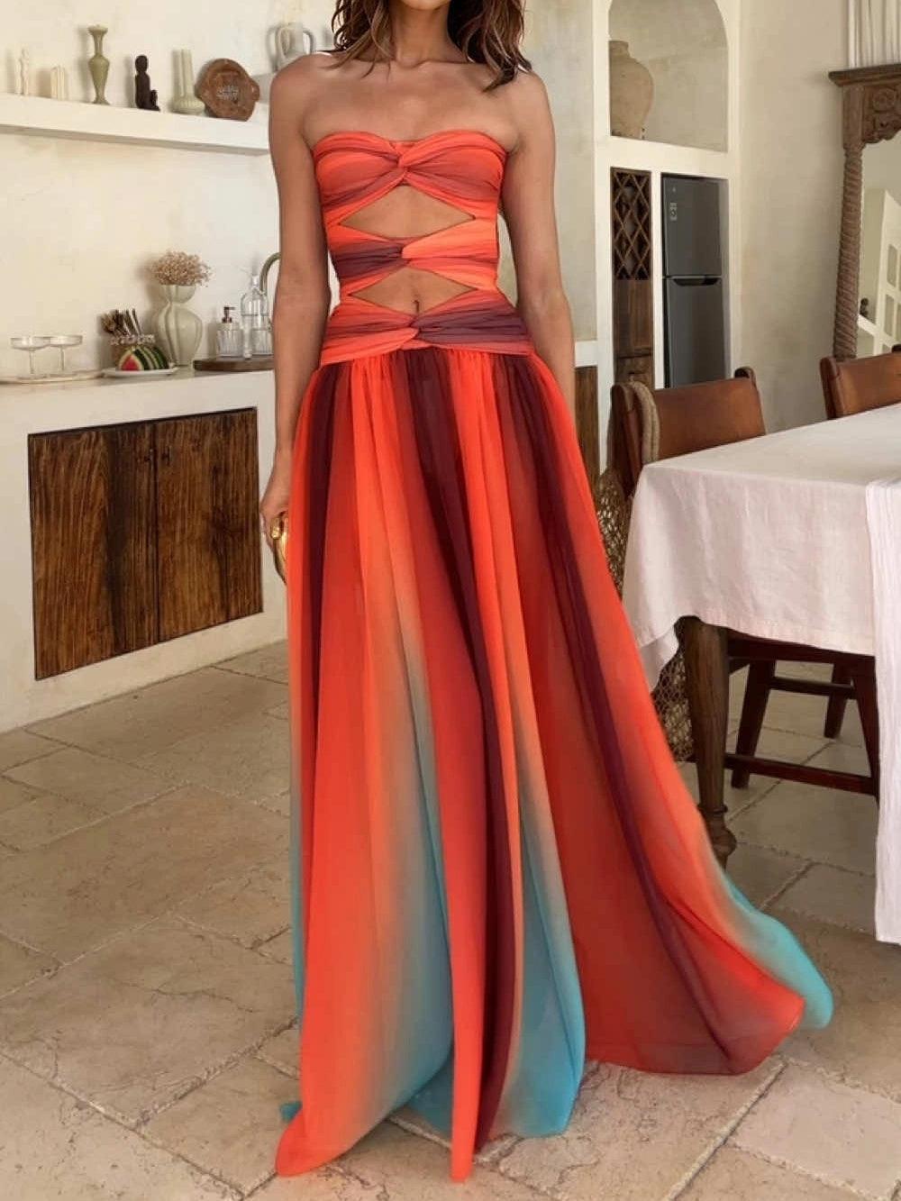 Sexy Gradient Print Hollow Party Maxi Dress