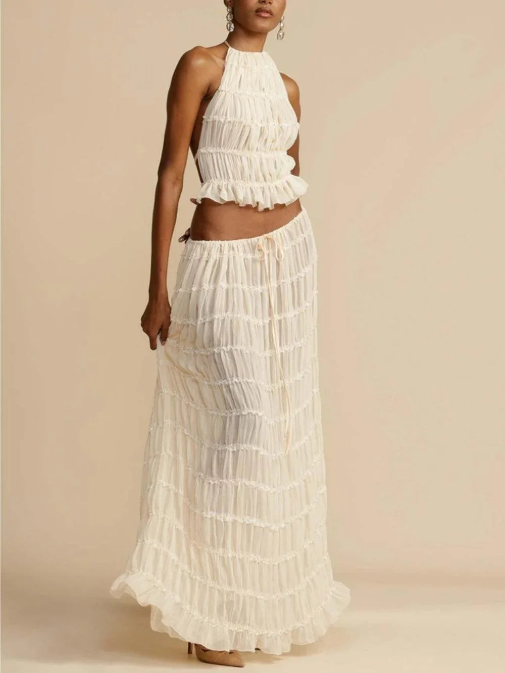 Pleated Drawstring Charm Waist Tiered Maxi Skirt Suit