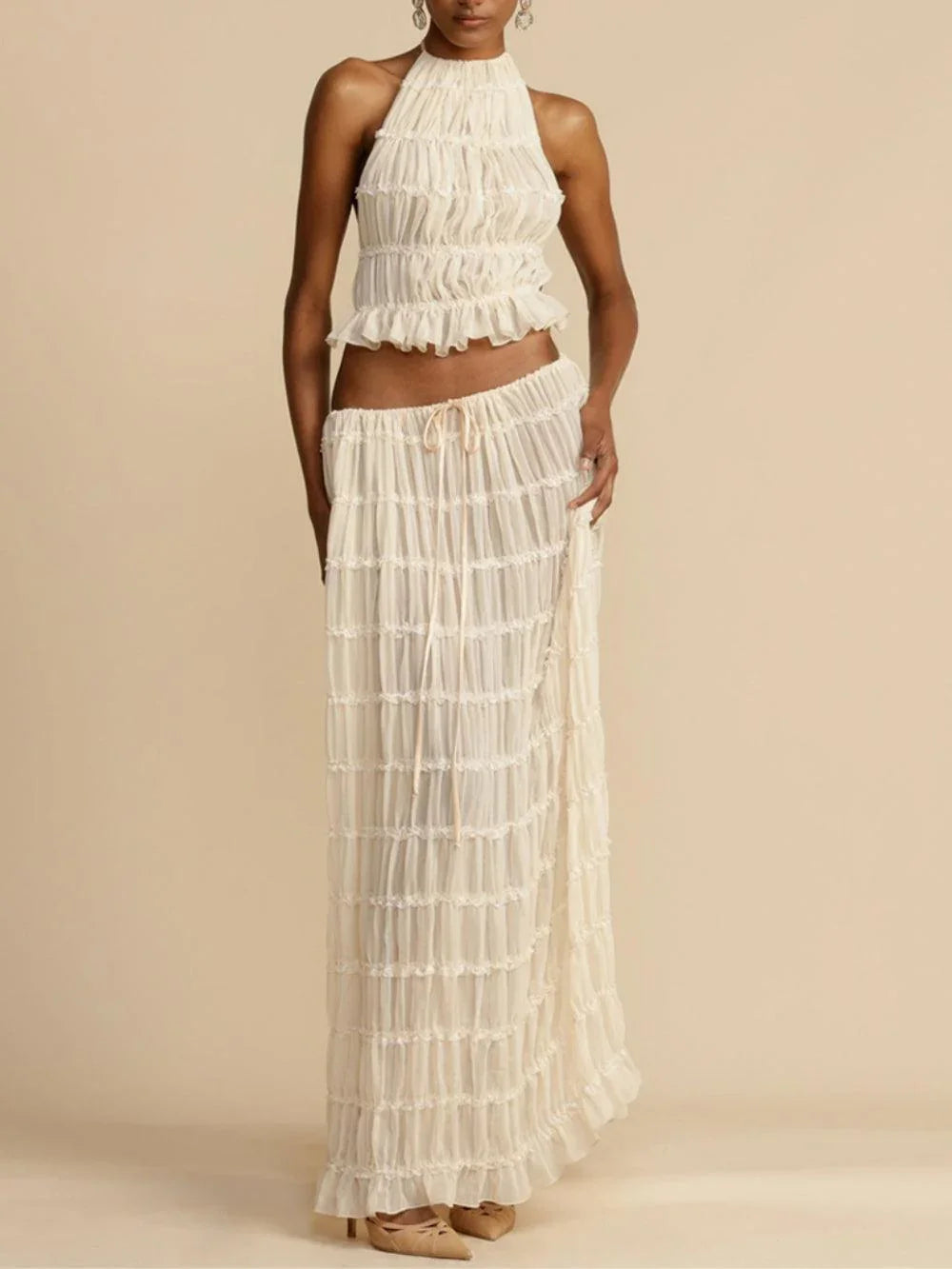 Pleated Drawstring Charm Waist Tiered Maxi Skirt Suit