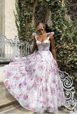 Organza Floral Print Tie Strap Maxi Dress