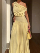 Elegant off-the-shoulder long dress with slanted neckline