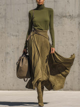 Olive Green Stretch Turtleneck Top And Faux Suede Maxi Skirt Set（Includes belt）
