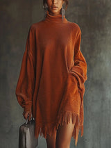 Orange corduroy loose tassel hem high collar dress