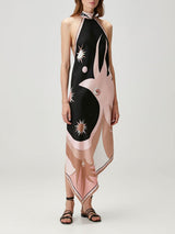 Halter Neck Printed Satin Midi Dress