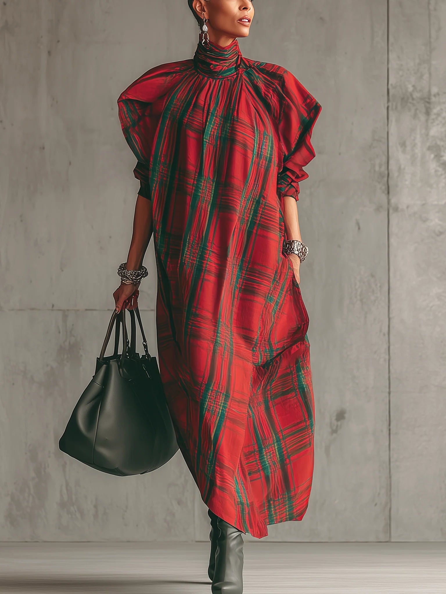 Red plaid loose-fitting short-sleeved long dress